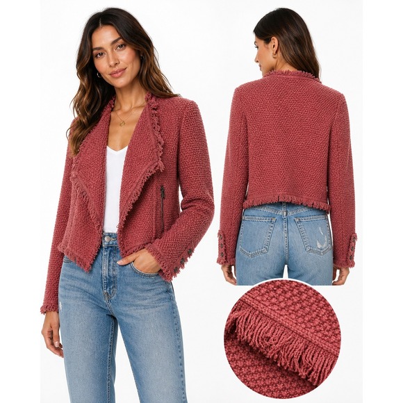NIC+ZOE Jackets & Blazers - Nic+Zoe Knit Jacket Womens Large Pink Fringe Trim Open Front Moto Style Boho